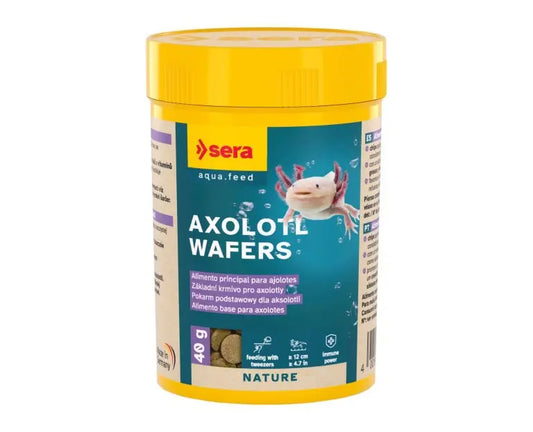 Sera Axolotl Wafers 1.3 oz – sinking protein-rich food for axolotls, newts, and aquatic salamanders, water-stable and nutritious.