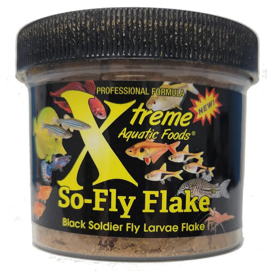 Xtreme So-Fly® Flake – 0.5 oz container of tropical fish flakes made with black soldier fly larvae protein.
