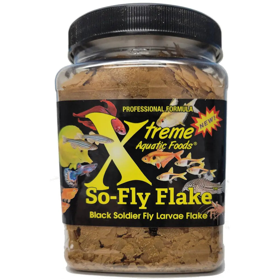 Xtreme So-Fly Flake – 3.5 oz container of premium Black Soldier Fly protein flake food for tropical freshwater fish.