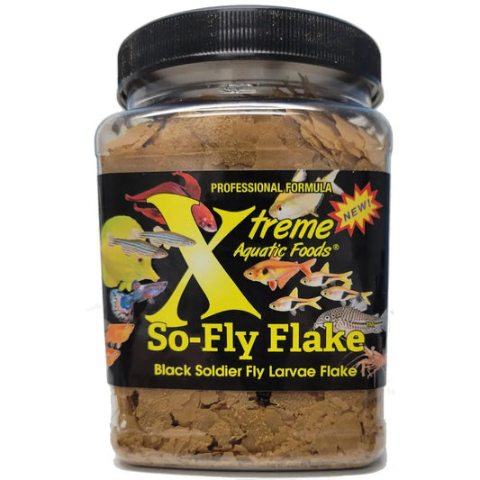 Xtreme So-Fly Flake – 3.5 oz container of premium Black Soldier Fly protein flake food for tropical freshwater fish.