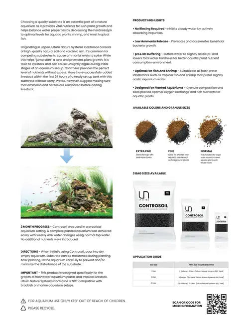 UNS Controsoil product information sheet showing grain options, colors, and aquarium setup guide
