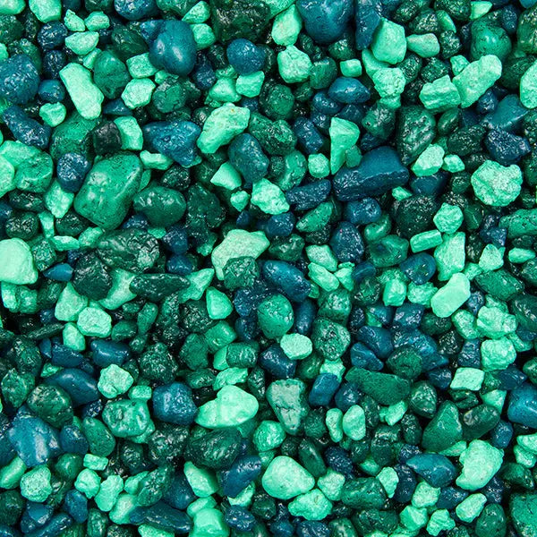 Estes Lake Green Aquarium Gravel featuring green, teal, turquoise, and blue decorative stones for freshwater aquariums and colorful fish tank displays