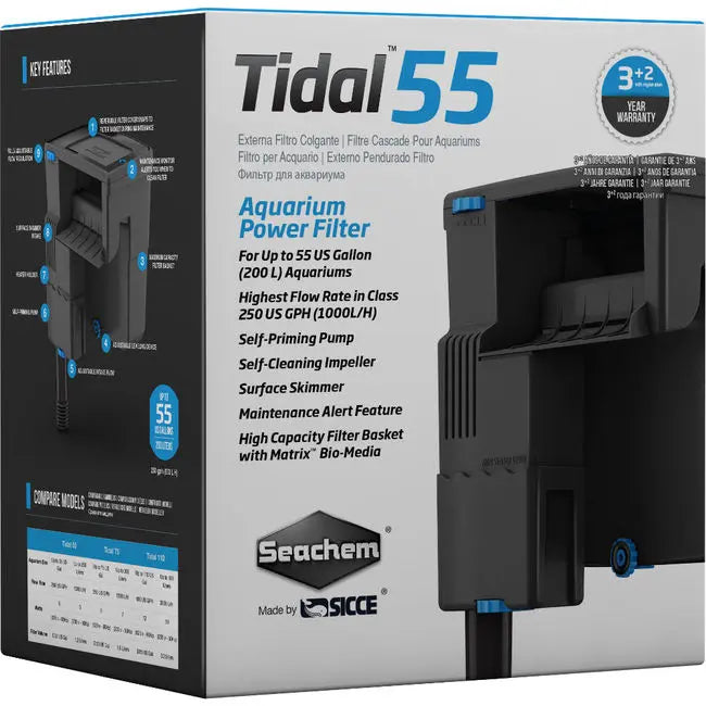 Seachem Tidal 55 hang-on-back aquarium power filter with adjustable flow, surface skimmer, and media basket for tanks up to 55 gallons.
