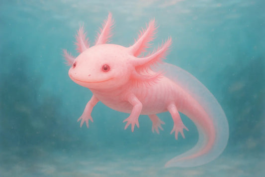 Albino Pink Axolotl with feathery gills in cold-water aquarium
