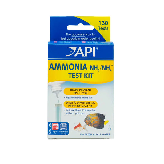 API Ammonia Test Kit – aquarium water testing kit for freshwater and saltwater, includes test tubes, solutions, and color chart to measure ammonia levels.