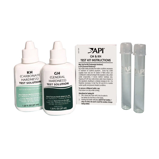 “API GH KH Test Kit with reagent bottles and glass test tubes for aquarium water testing”