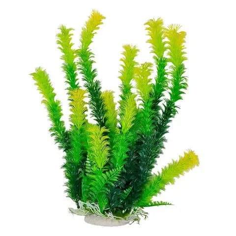 12-inch artificial aquarium plant – green with light yellow tips, fish-safe decoration with weighted base for freshwater and saltwater tanks.