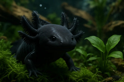 Black Melanoid Axolotl – solid black morph with velvety skin and feathery gills resting in an aquarium