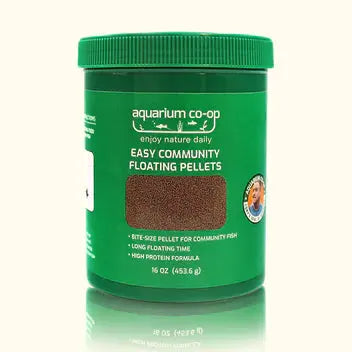 Aquarium Co-Op Easy Community Floating Pellets 16 oz container – floating fish food for community aquariums, available for in-store pickup at Tropical Treasures Wyo.
