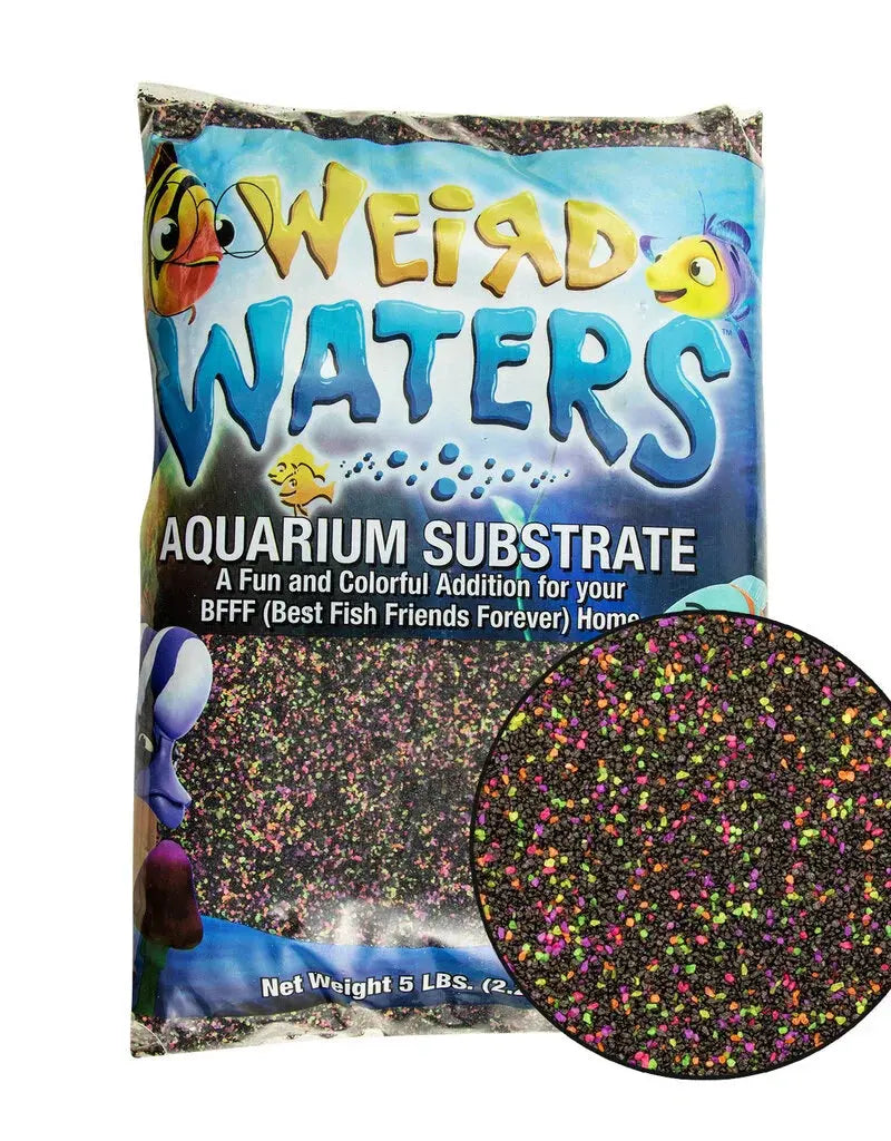 Weird Waters aquarium substrate with black gravel and bright neon pink, green, yellow, orange, and blue accents for freshwater aquariums