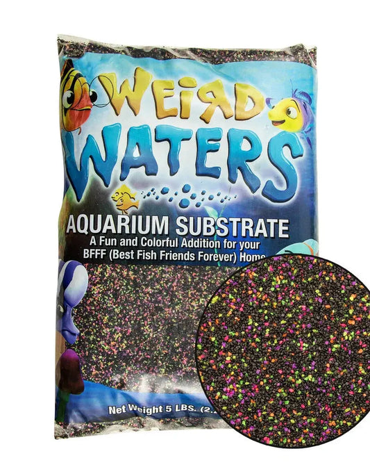 Weird Waters aquarium substrate with black gravel and bright neon pink, green, yellow, orange, and blue accents for freshwater aquariums
