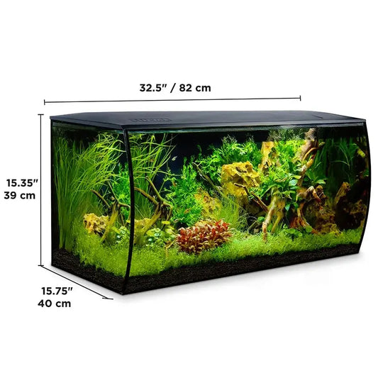 Fluval Flex 32.5 gallon aquarium kit dimensions diagram showing 32.5 inches wide
