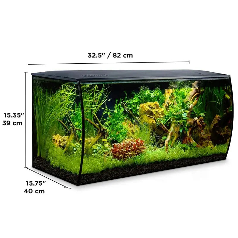 Fluval Flex 32.5 gallon aquarium kit dimensions diagram showing 32.5 inches wide