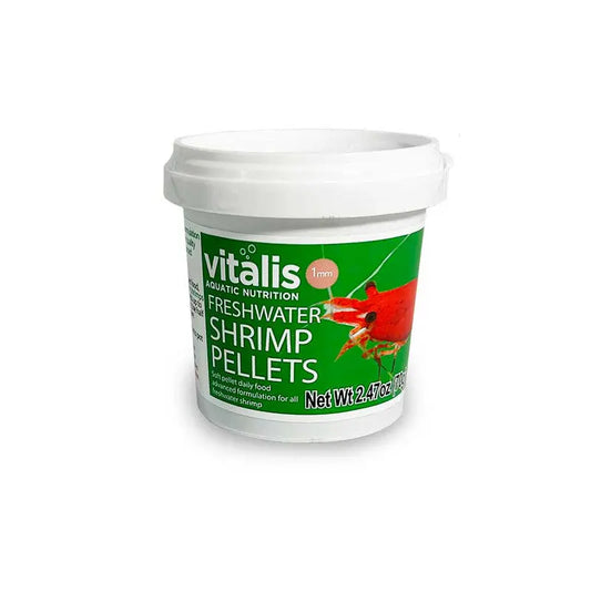 Vitalis Freshwater Shrimp Pellets – soft 1 mm sinking pellets rich in algae, designed as a complete balanced diet for shrimp and freshwater snails.