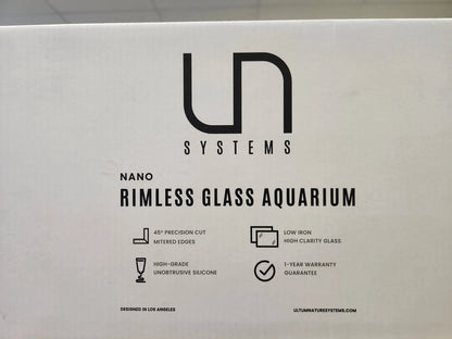 UNS Nano Rimless Glass Aquarium – ultra-clear low-iron glass tank with rimless design, ideal for aquascaping and shrimp tanks.