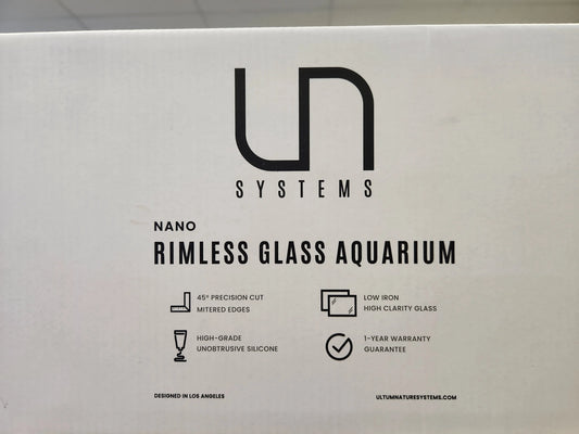 UNS Nano Rimless Glass Aquarium – ultra-clear low-iron glass tank with rimless design, ideal for aquascaping and shrimp tanks.