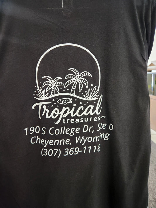 Black Tropical Treasures Wyo T-shirt with white palm tree logo and Cheyenne, Wyoming shop address printed on front