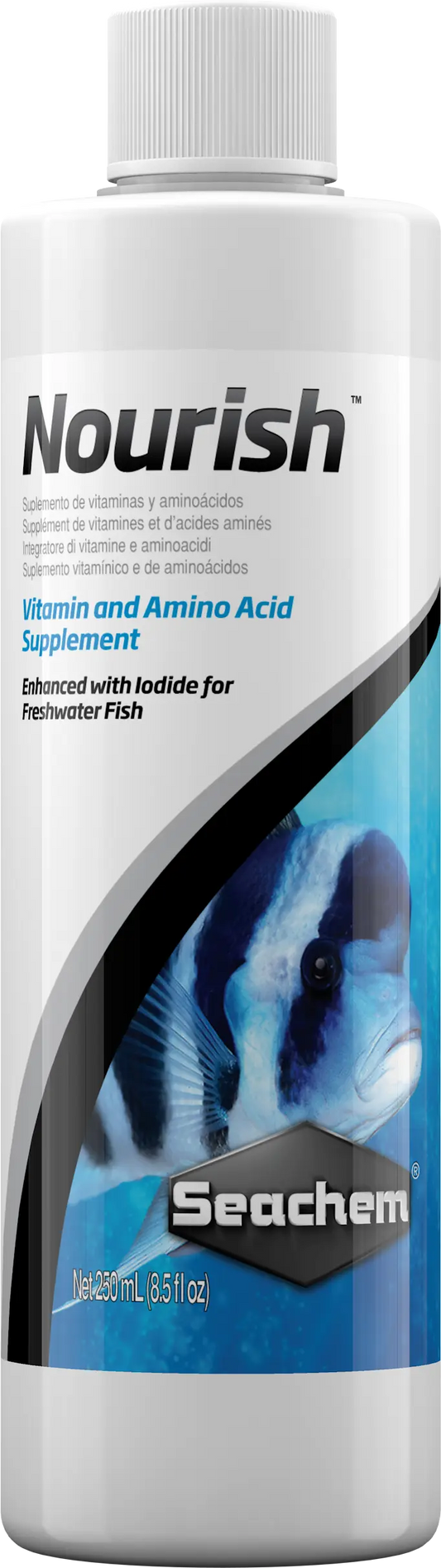 Seachem Nourish 250 mL vitamin and amino acid supplement bottle for freshwater ornamental fish