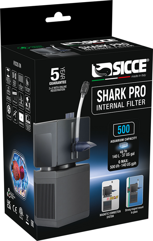 Sicce Shark PRO 500 Internal Filter – compact 132 GPH aquarium filter with modular magnetic design for freshwater and planted tanks.