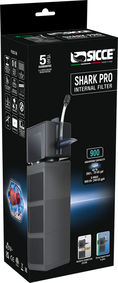 Sicce Shark PRO 900 Internal Filter – 238 GPH modular magnetic aquarium filter for freshwater, planted, and marine tanks.